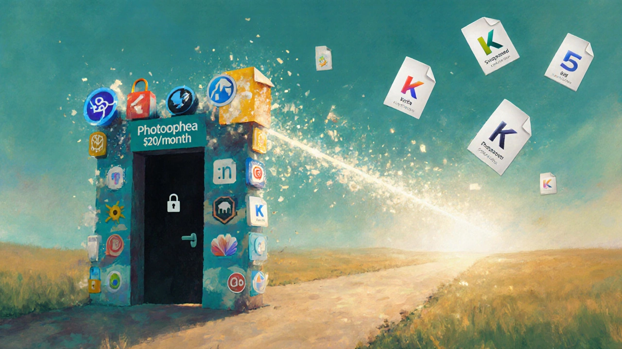 Glowing bridge of free photo tools connecting a locked Photoshop door to a bright open field.