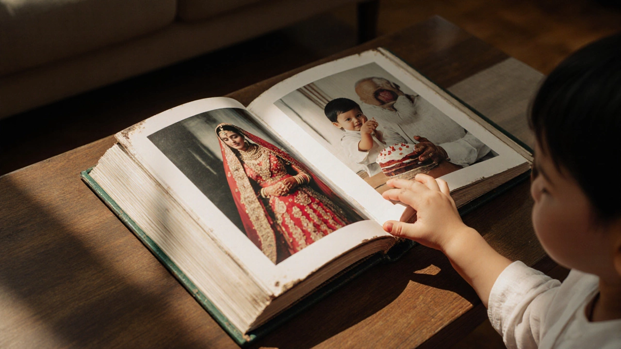 Open wedding album on a table with sunlight highlighting intimate moments, a child reaching toward the photos.