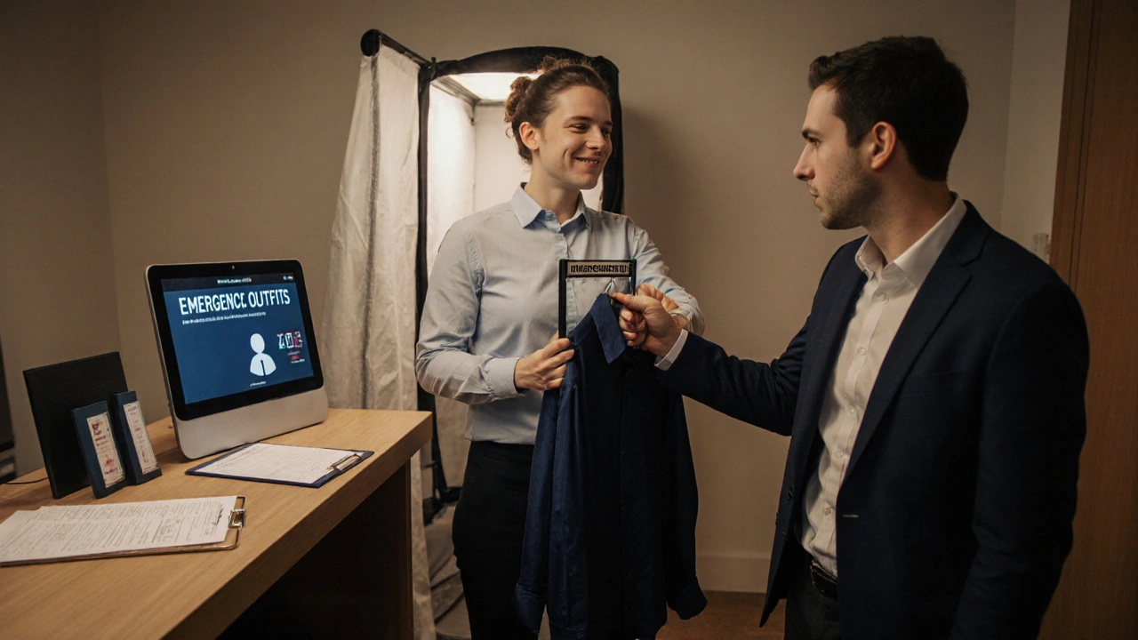 Passport photo technician offering a dark blue shirt to a client at a studio with approved photo on screen.