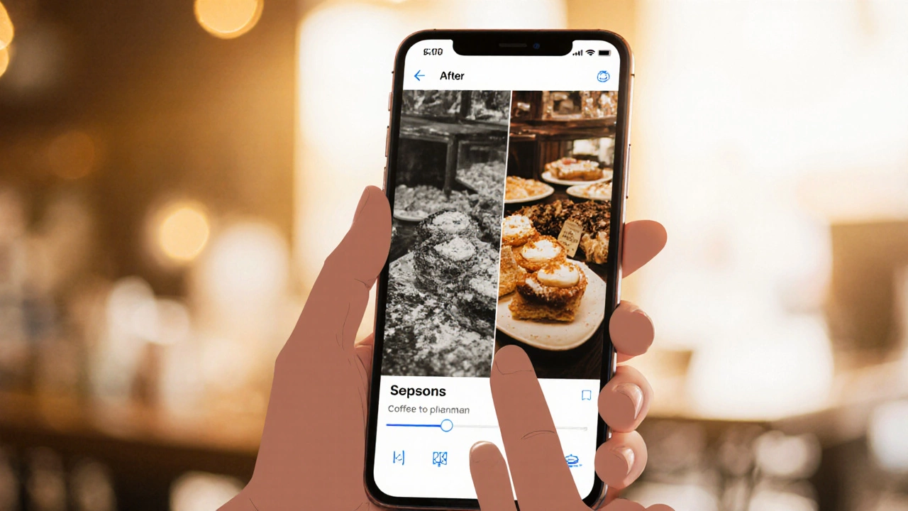 Smartphone screen showing Snapseed app editing a coffee shop photo with before-and-after view.