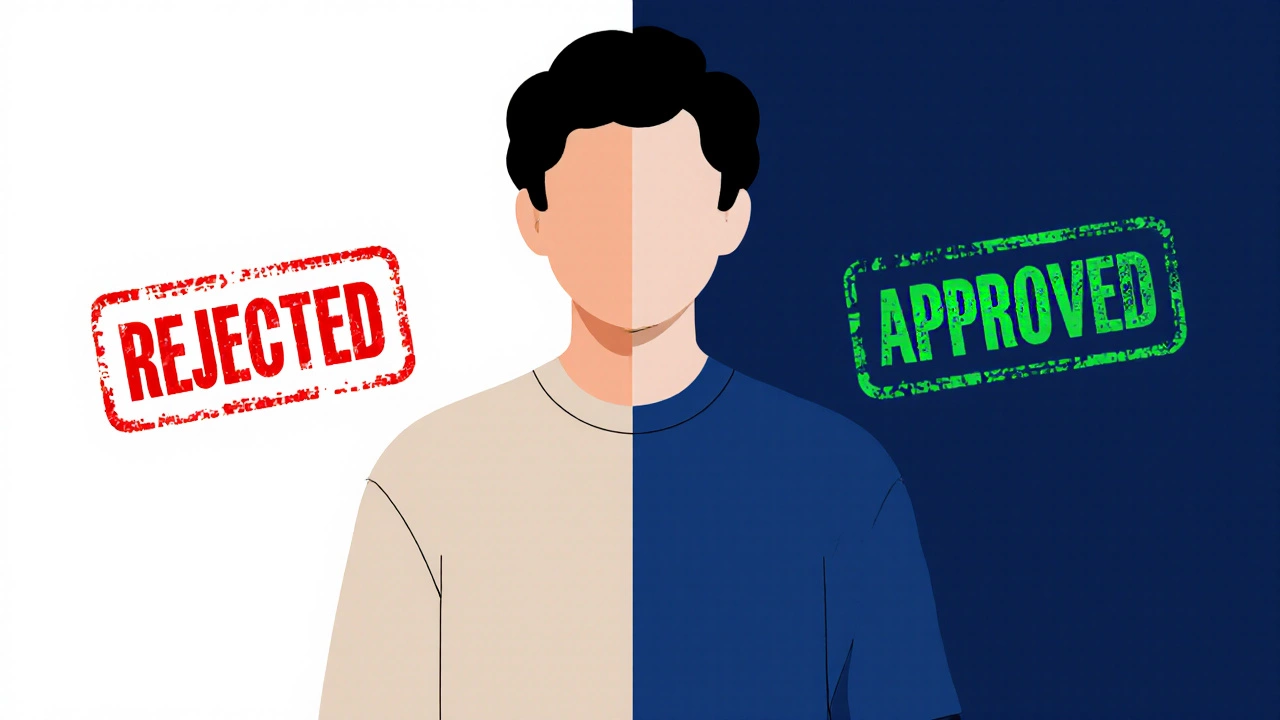 Split image: pale shirt blending into white background (rejected) vs dark shirt with clear contrast (approved).