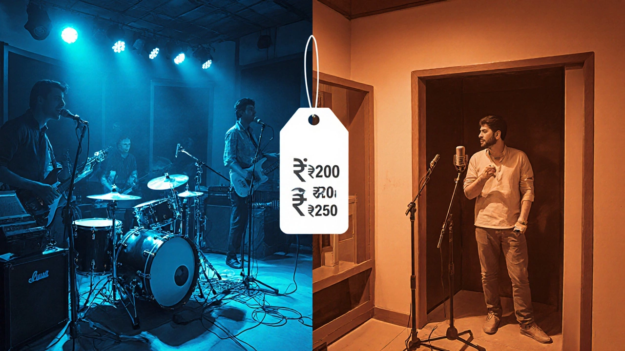 Split scene showing band recording versus solo vocal overdub, highlighting cost differences in studio sessions.