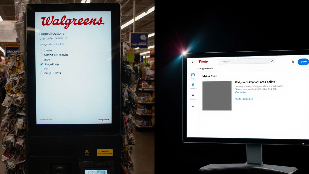 Split screen: Walgreens kiosk with limited print options vs. online site showing matte finish selected.