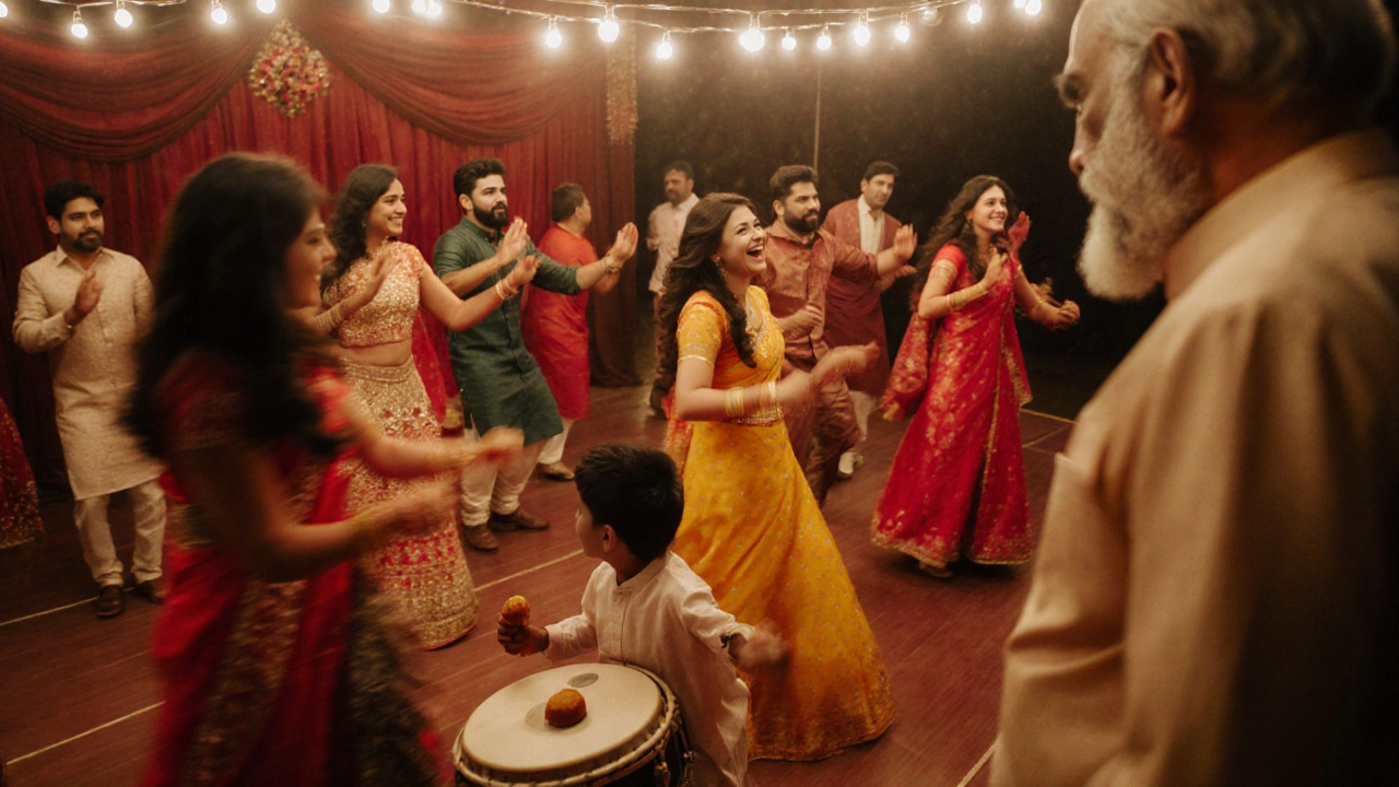 Vibrant sangeet celebration with dancers, string lights, and an elderly man smiling quietly in the background.