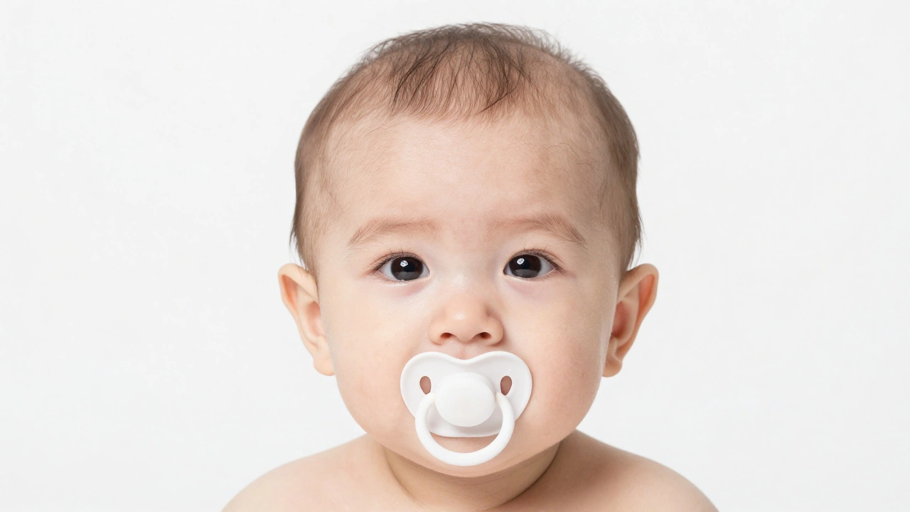 Baby&#039;s face fully visible with no toys or pacifiers, lit by soft natural light on white backdrop.