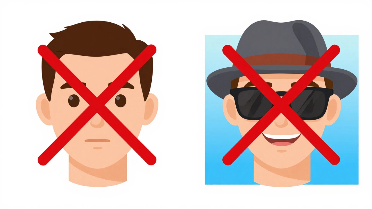 Contrasting image of compliant vs. rejected passport photo elements with red prohibition symbols.