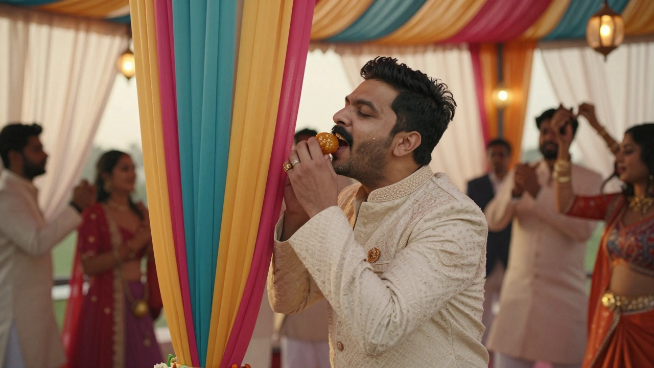 Groom’s friend sneaking a bite of ladoo behind a pillar at a wedding, crumbs on his mustache, colorful lanterns in background.