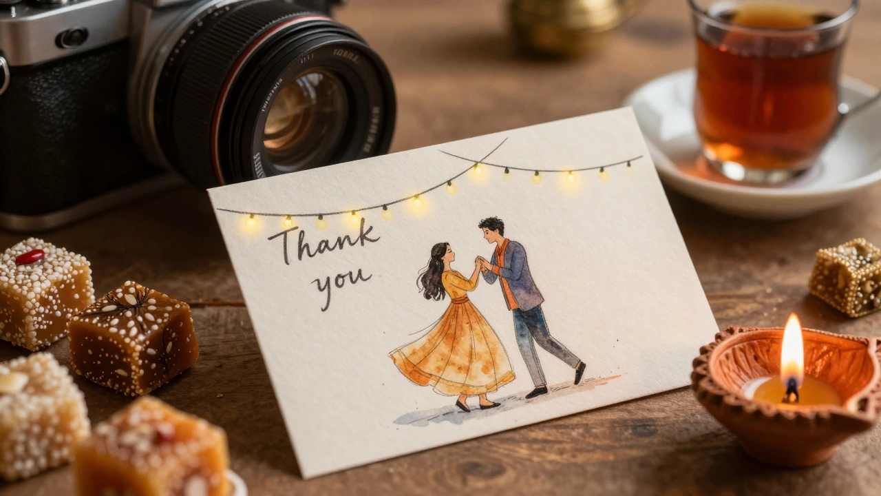 Handwritten thank-you card with Indian sweets and a diya lamp beside a camera lens, symbolizing heartfelt appreciation.