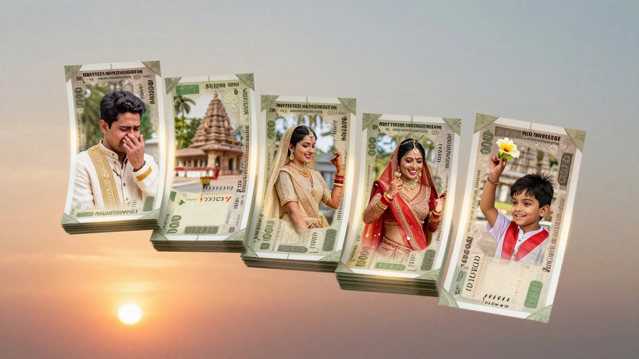 Indian rupee notes transforming into photo frames of wedding moments, dissolving into a sunrise over a temple.