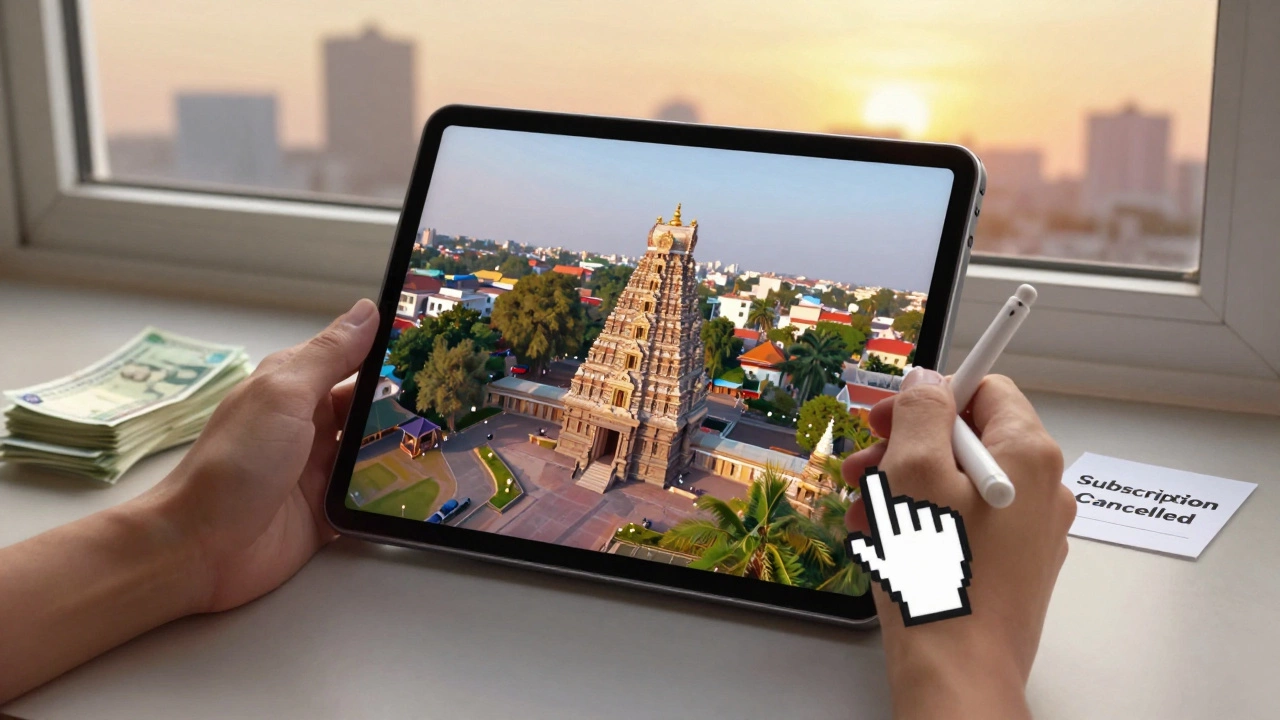 Photographer retouching a drone image of a temple using GIMP on a tablet with cash beside them.