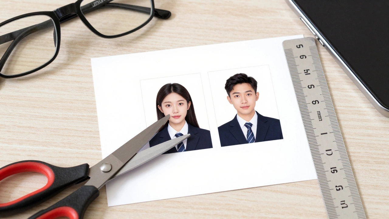 Precisely cut 2x2 inch passport photo measured with a ruler beside removed glasses.
