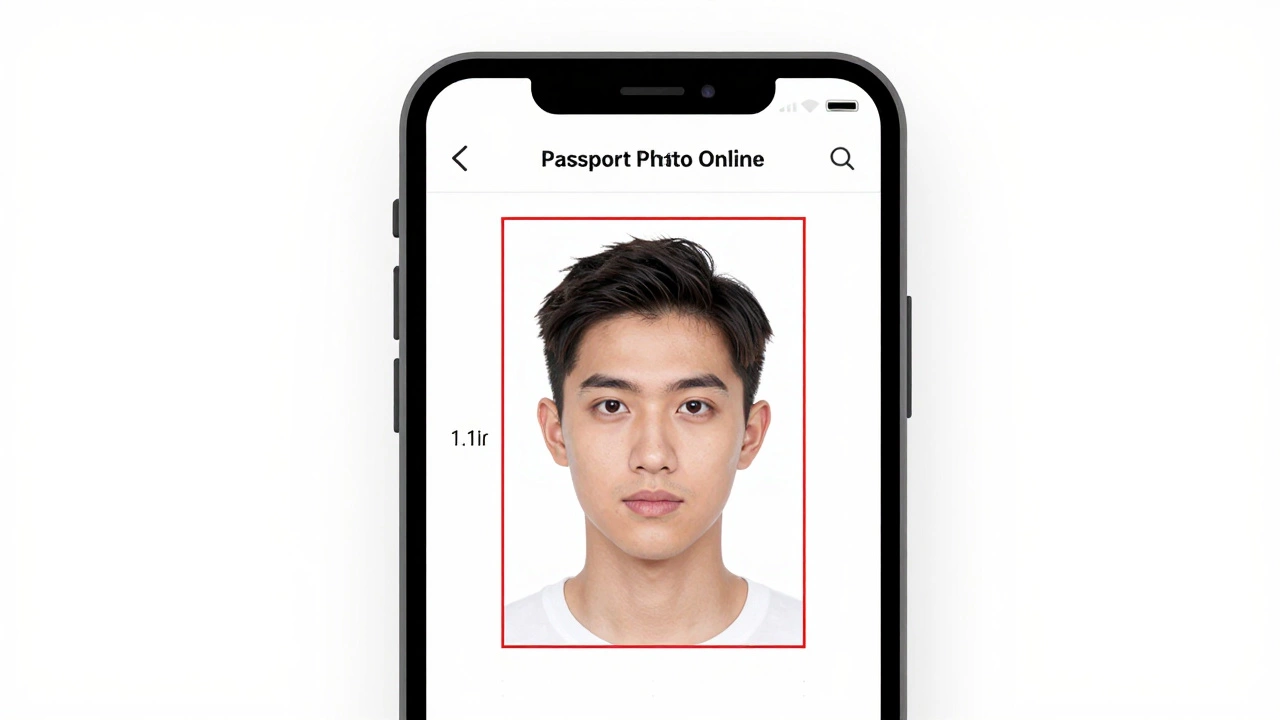 Smartphone screen showing a passport photo with perfect facial framing and white background.