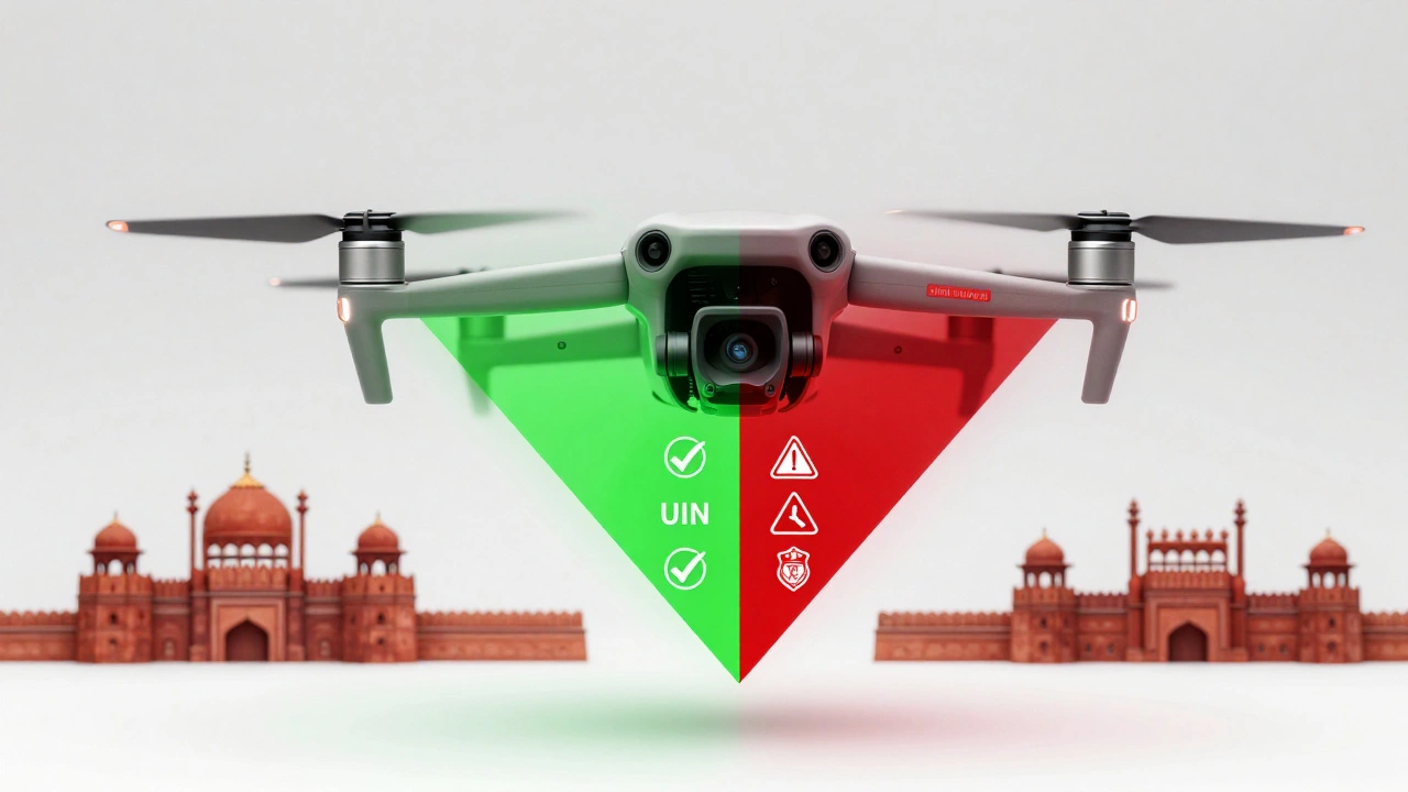 Split drone image: compliant side green with UIN, non-compliant side red with fines and confiscation symbols.