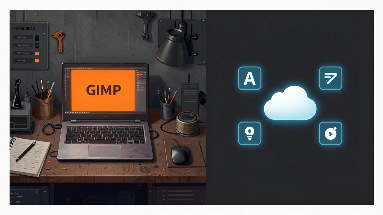 Split-screen comparison: GIMP workspace vs Photoshop with AI icons, symbolizing free vs paid editing.