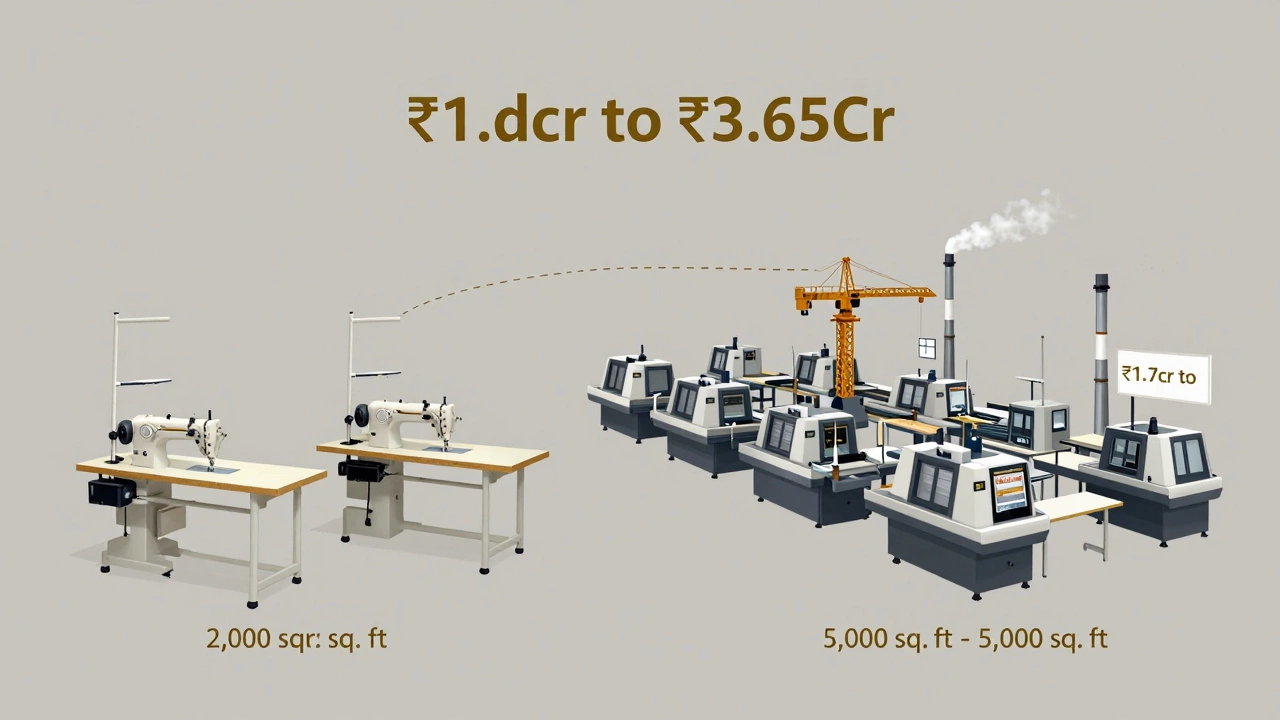 Split visual comparing small and large factory setups with cost range from ₹1.7Cr to ₹3.65Cr.