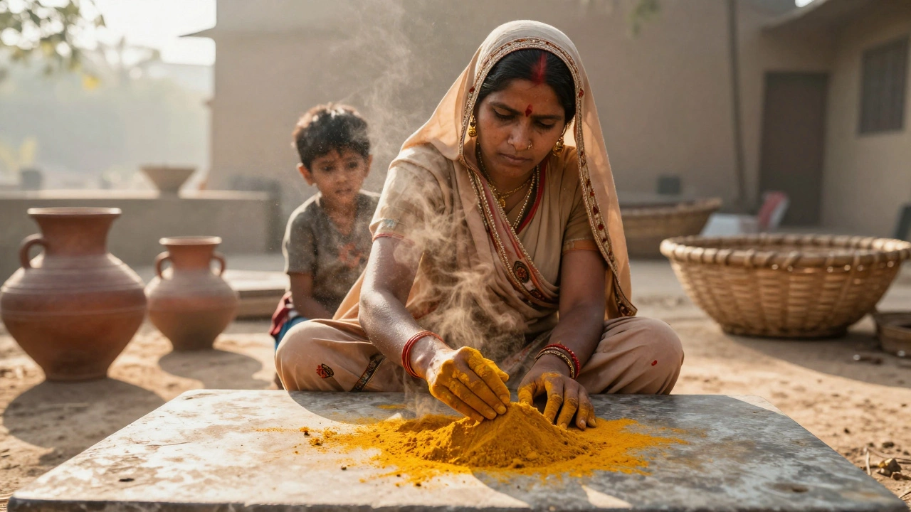 Woman grinding turmeric at dawn in rural Rajasthan, sunlight catching dust, child peeking from behind her sari.