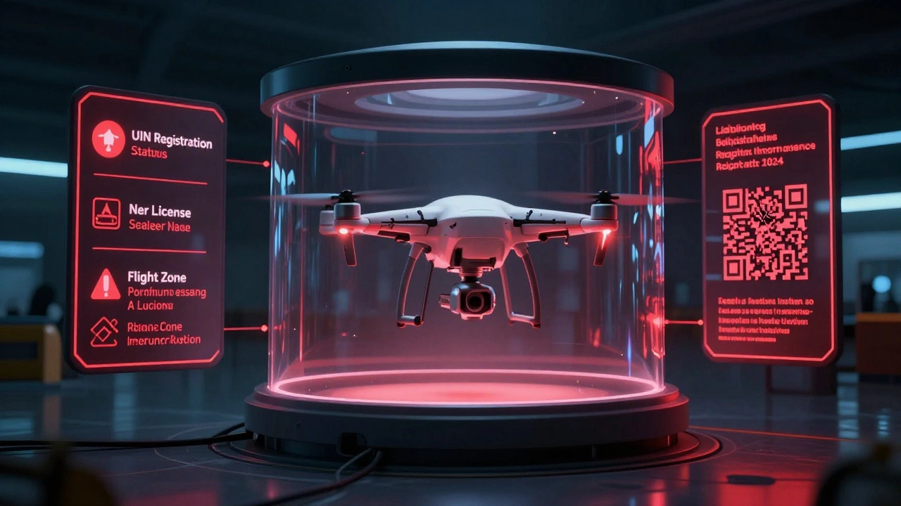 AI customs scanner detecting a drone at Indian airport with digital warnings for missing UIN and import license.