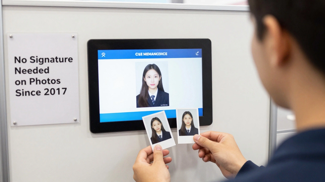 Customer exiting passport photo booth with printed photos, screen showing compliance confirmation.