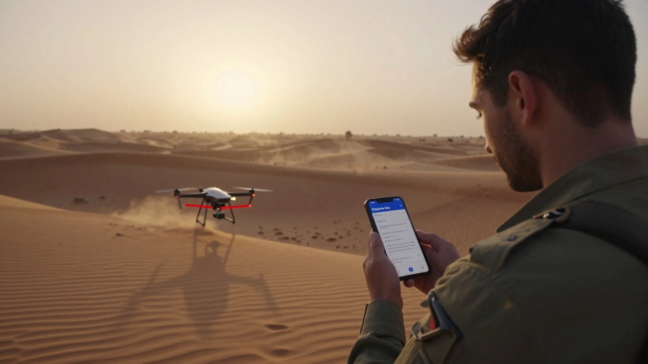 Drone pilot in Rajasthan desert checking digital certificate as drone flies over dunes, red no-fly zone boundary visible on screen.