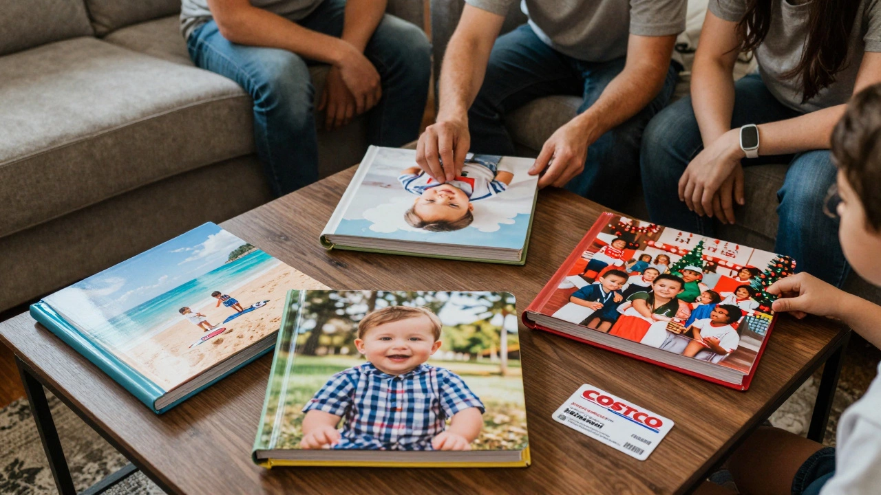 Family admiring three colorful photo books on a coffee table with a Costco membership card nearby.