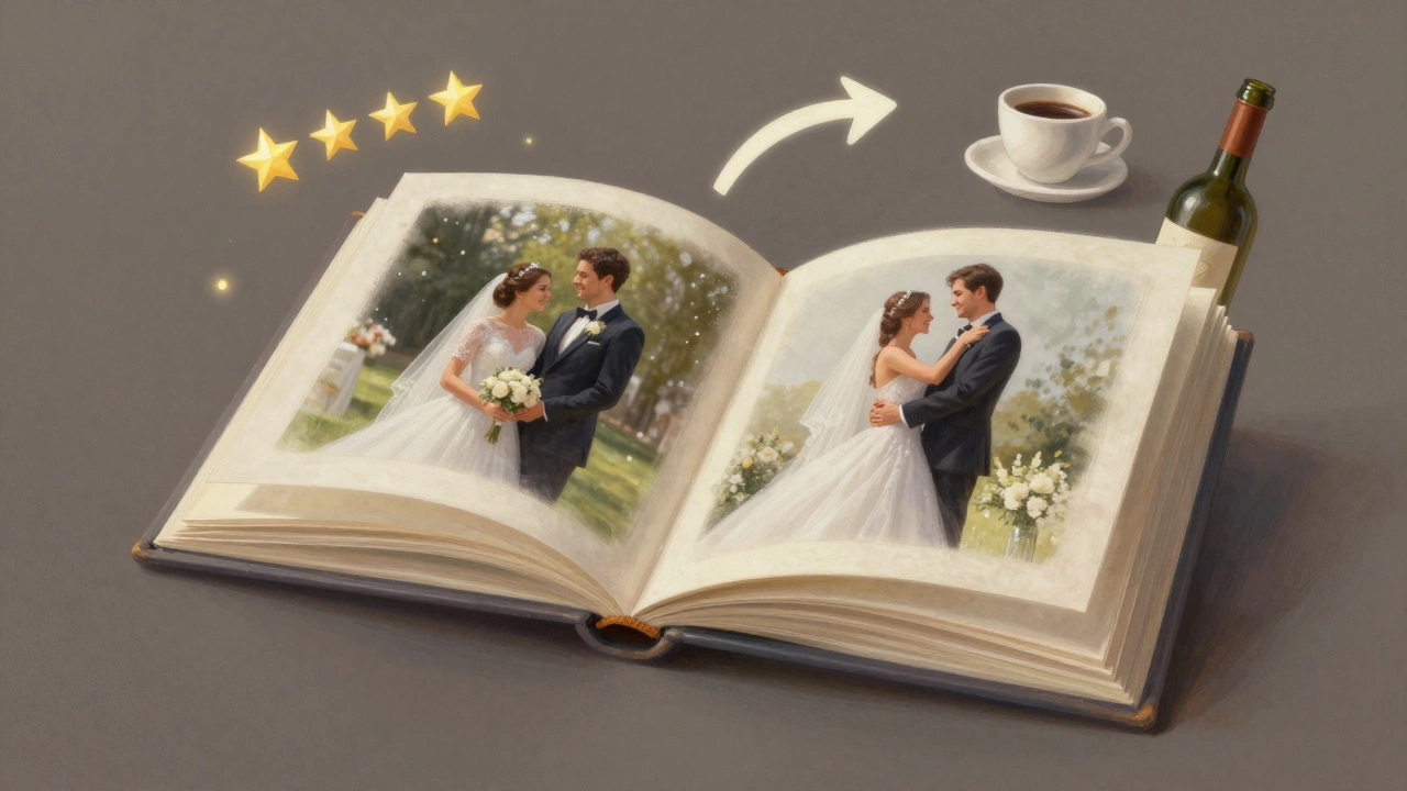 Floating wedding album surrounded by symbols of gratitude like reviews, referrals, and small gifts.