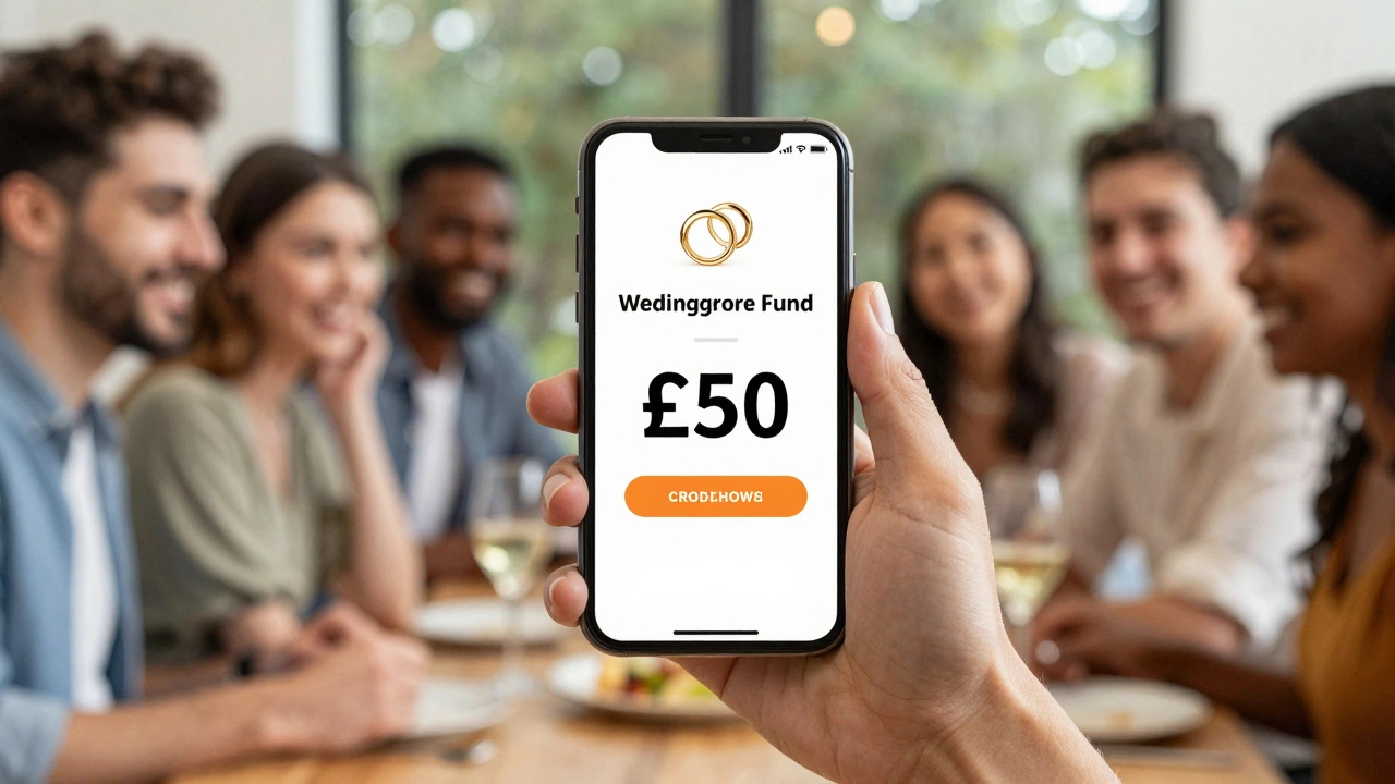 Friends contributing to a wedding photography fund on a smartphone screen.