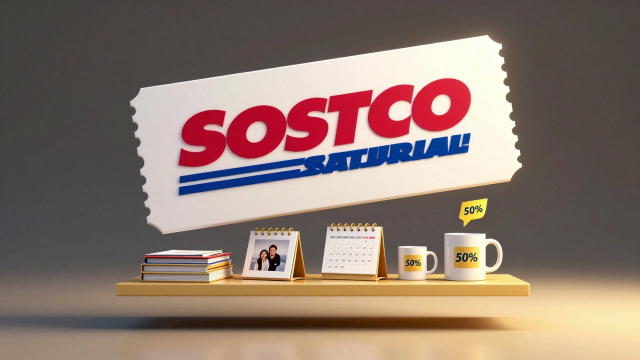 Giant Costco-shaped coupon hovering over discounted photo albums and gifts with golden savings glow.