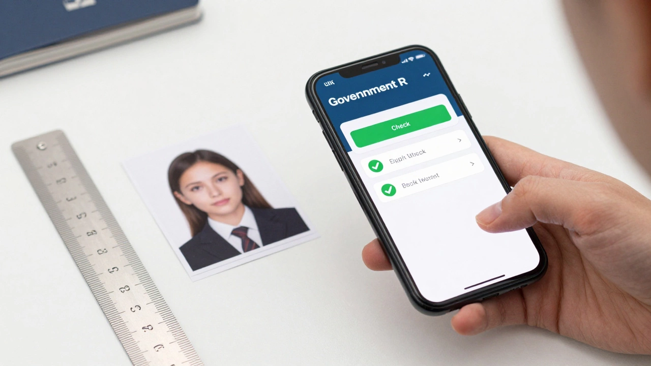 Person checking passport photo compliance on smartphone app, ruler beside printed photo for size verification.