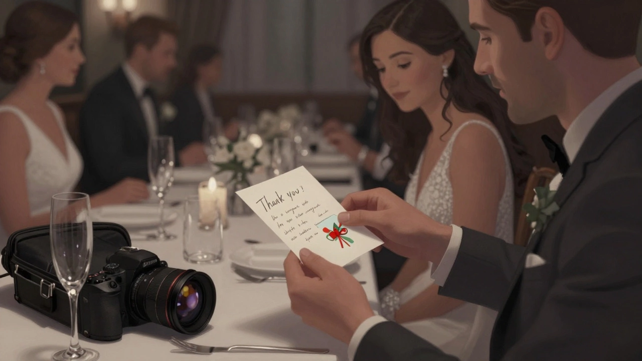 Photographer quietly giving a thank-you note and gift card to a couple after a long wedding day.