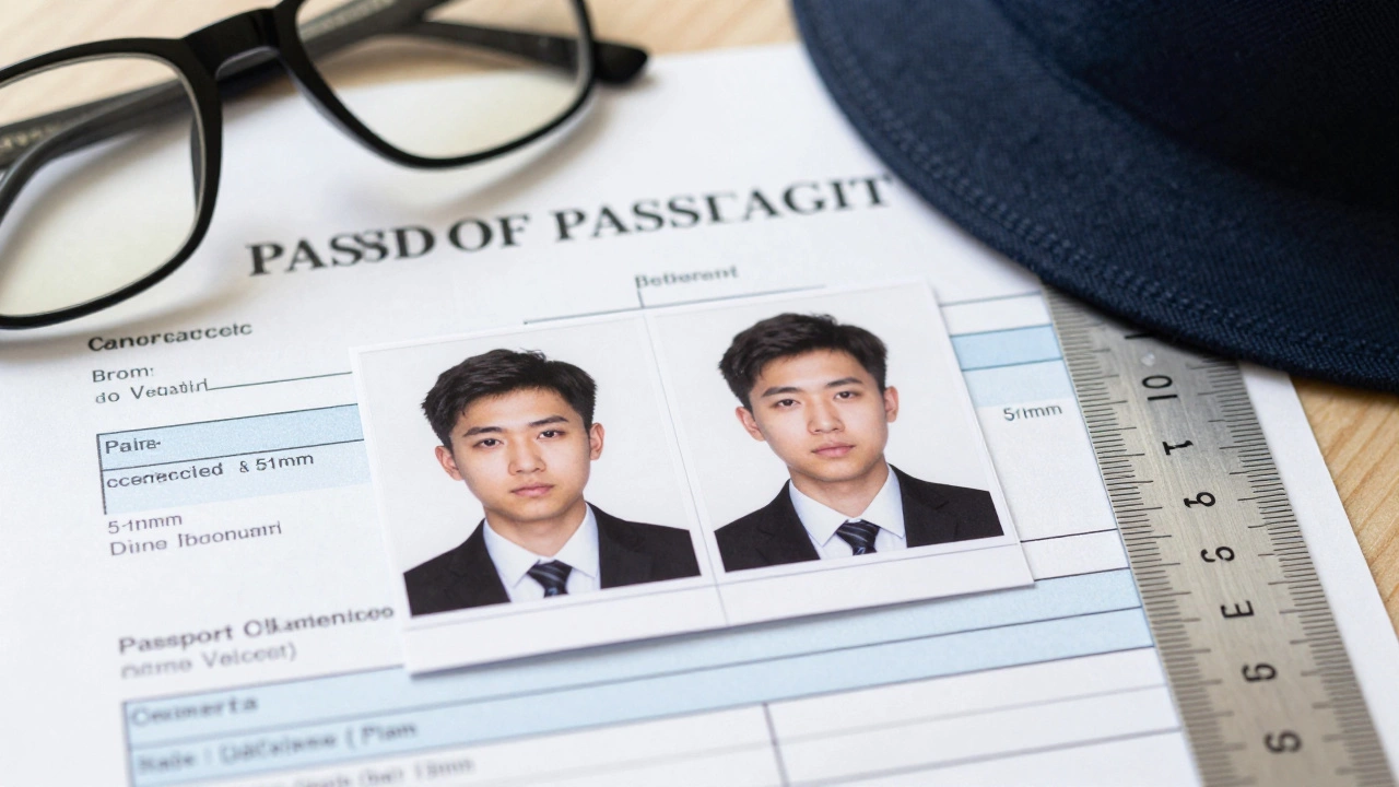 Printed 2x2 passport photo next to ruler and documents, confirming exact size and proper standards.