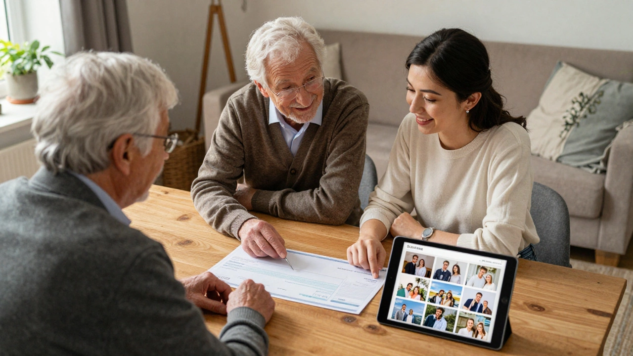 Three generations discussing a photography invoice at a family table.