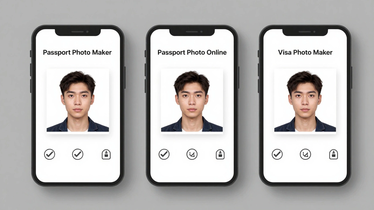 Three passport photo apps displaying correctly formatted 2x2 images with compliance indicators.
