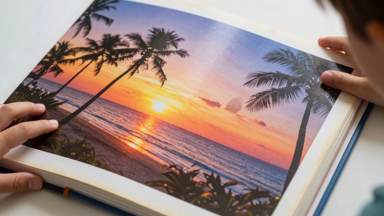 A glossy album showing a fingerprint and glare under harsh light, with thin paper and signs of aging.