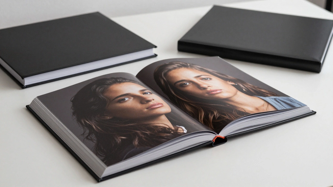 A luster-finish photo album with rich color and no smudges, displayed on a minimalist table with archival paper.