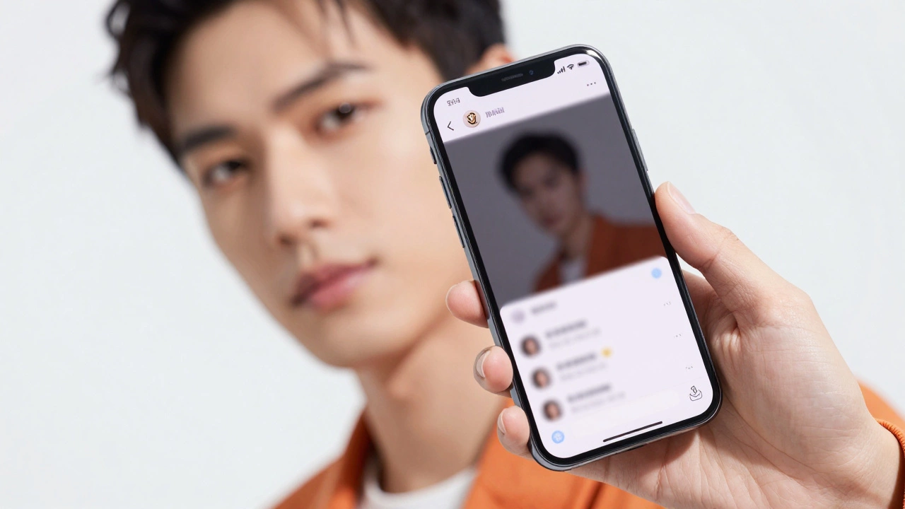 Close-up of model's hand holding smartphone for social media post.