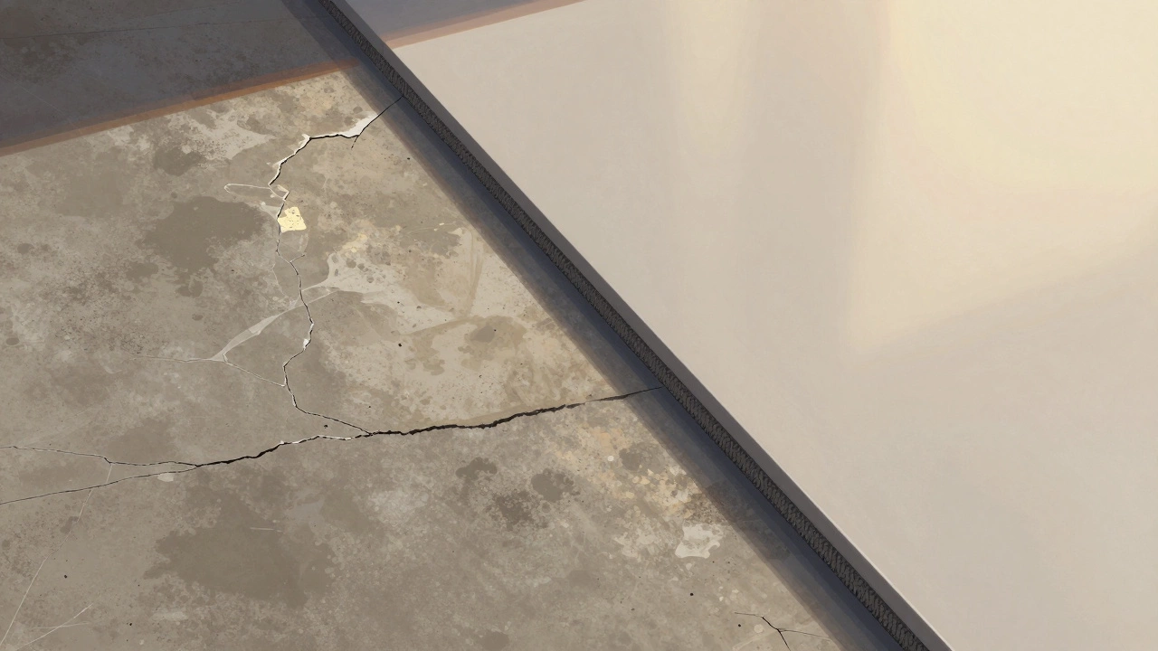 Contrast between cracked dusty concrete and smooth pre-cast slab in a Delhi studio environment.