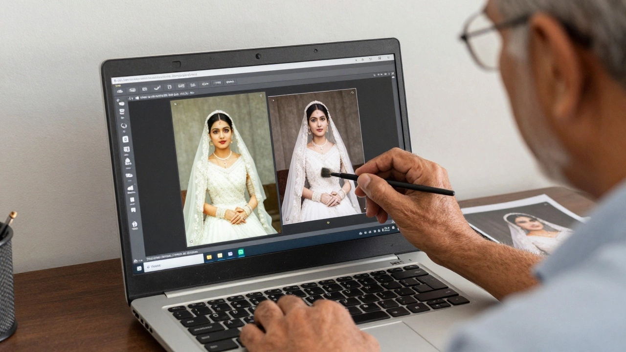 Elderly man restoring a faded wedding photo with Paint.NET on an old Windows laptop.