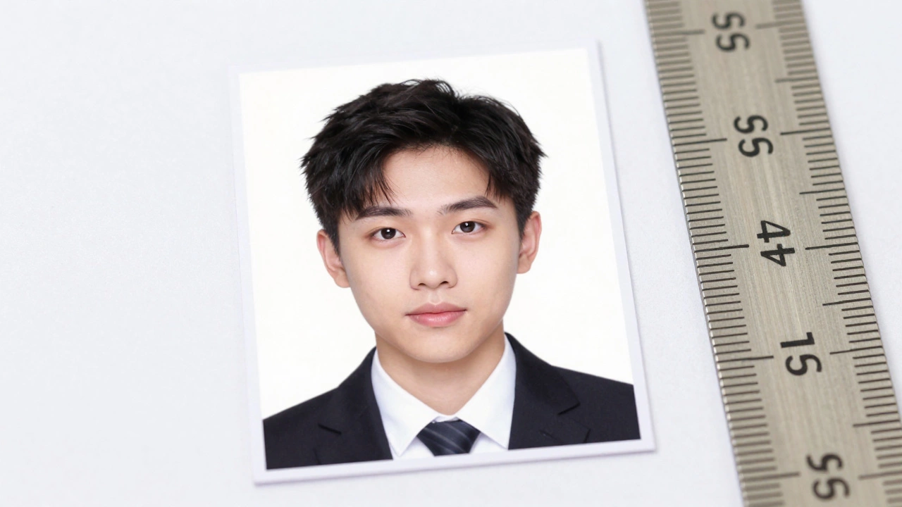 Printed passport photo on white paper next to a ruler, showing exact 35mm x 45mm size and clean edges.