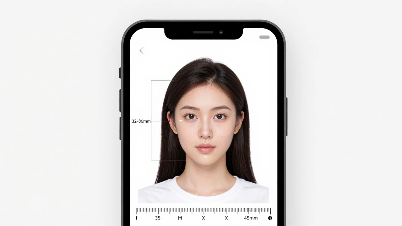Smartphone screen showing AI-powered passport photo editor with facial dimensions and white background.