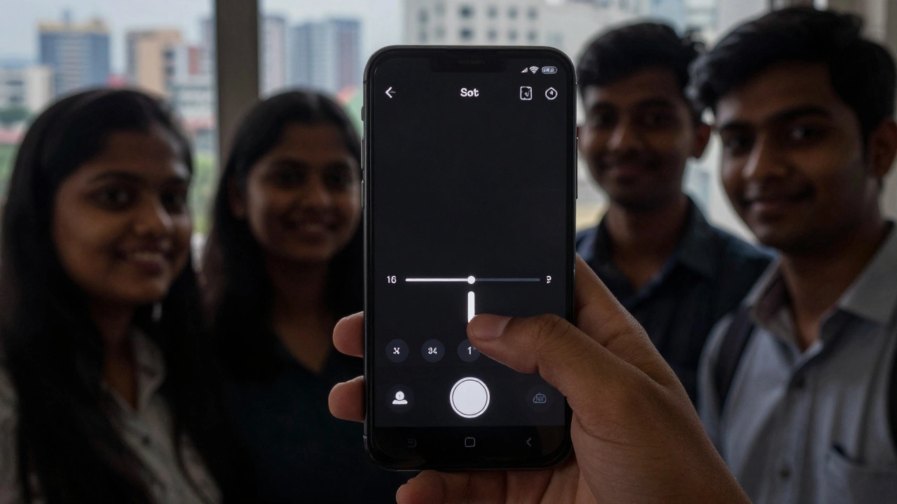 Student brightening a group selfie on Android phone using Snapseed's single-slider tool.