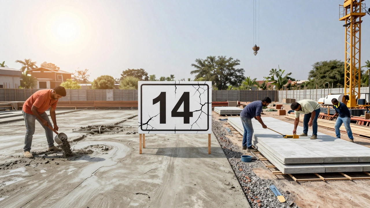 Timeline of studio floor construction: messy poured concrete vs. efficient slab installation.