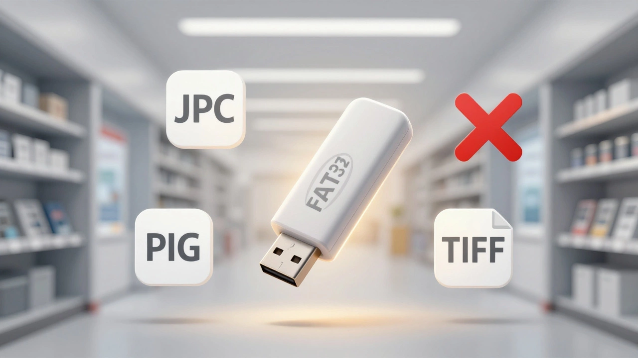 USB drive with supported file formats glowing, incompatible formats crossed out.