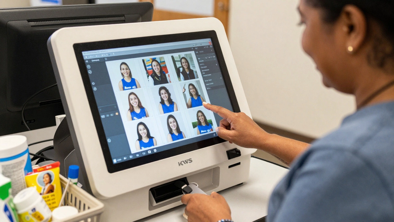 Woman reviewing photo selections on a CVS kiosk screen with prints ready.