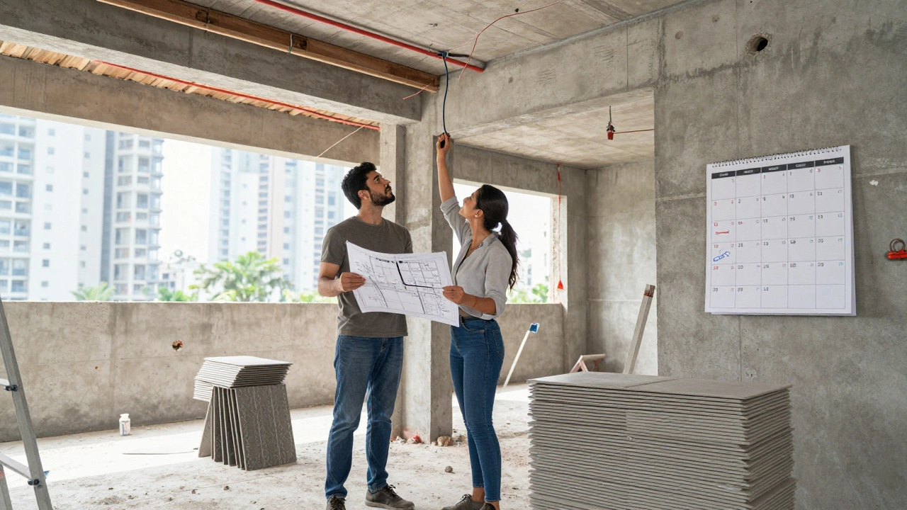 A couple reviewing blueprints in their partially constructed home with electricians installing wiring.