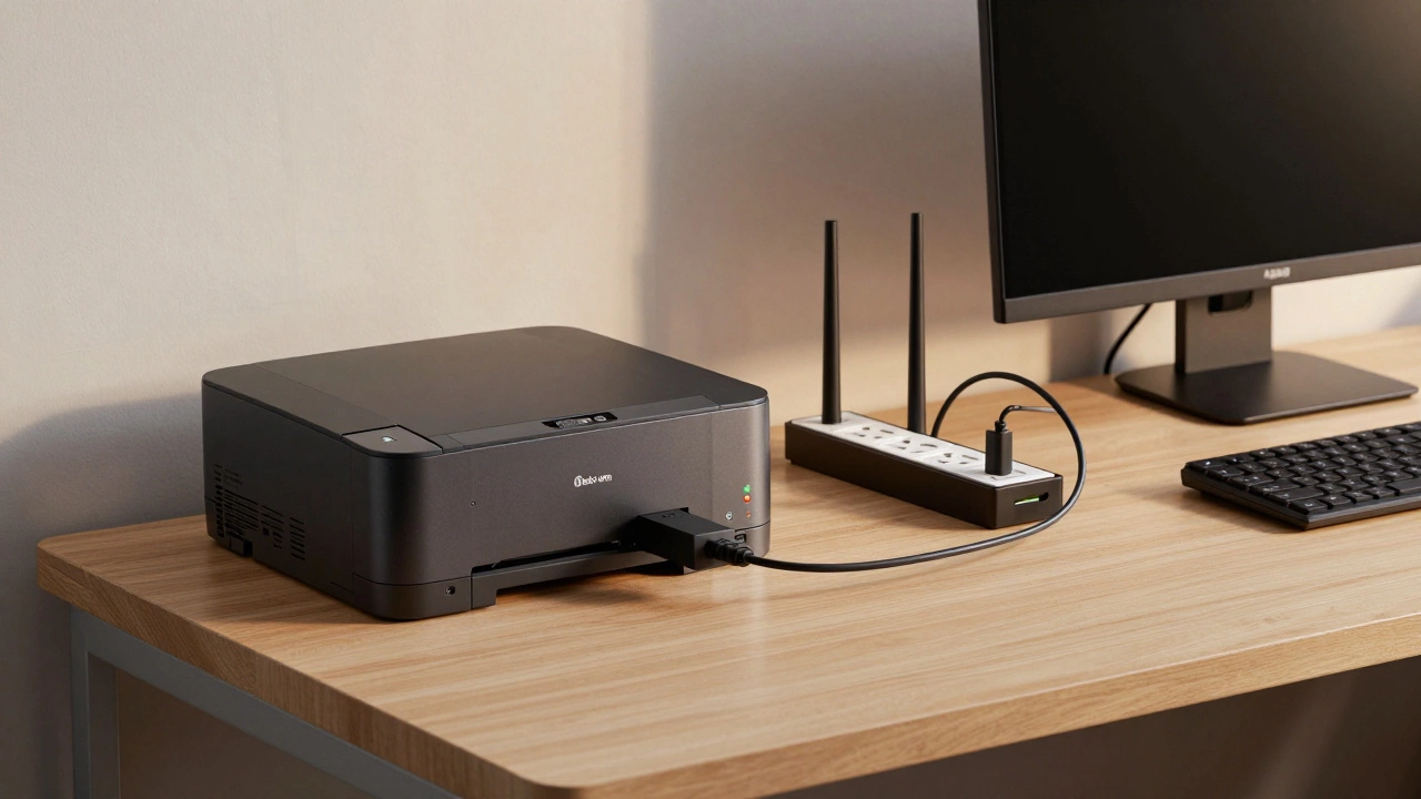 A desk setup showing a printer on surge-only outlets and computer on battery-backed outlets of a high-capacity UPS.
