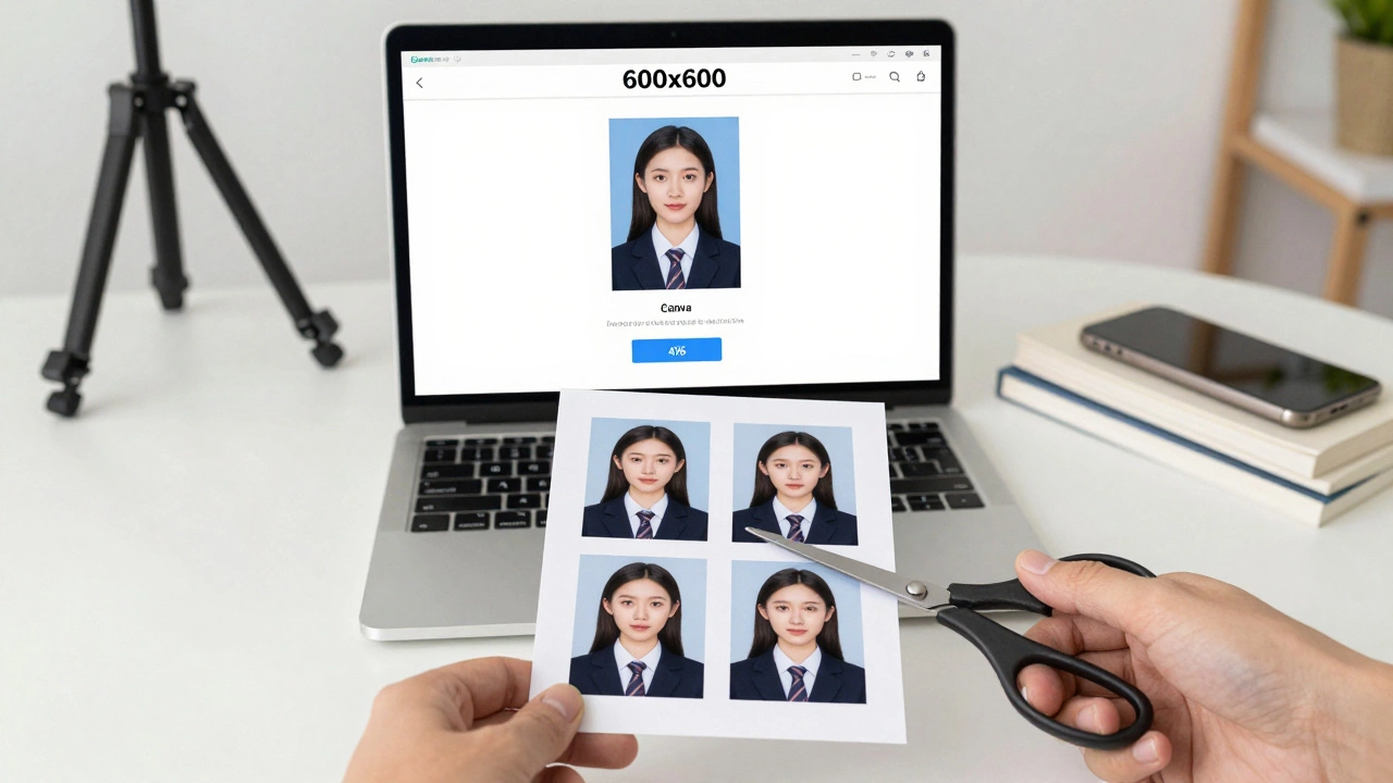 A person cutting four passport photos from a printed 4x6 photo sheet at home.