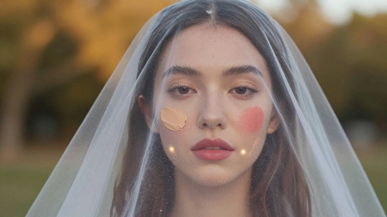 A symbolic veil woven from makeup elements—foundation, powder, blush, and lipstick—drifting around a woman’s face, representing enhanced natural beauty.