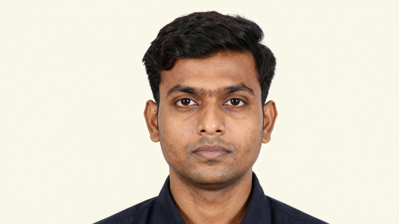 Close-up biometric portrait on cream background with neutral expression