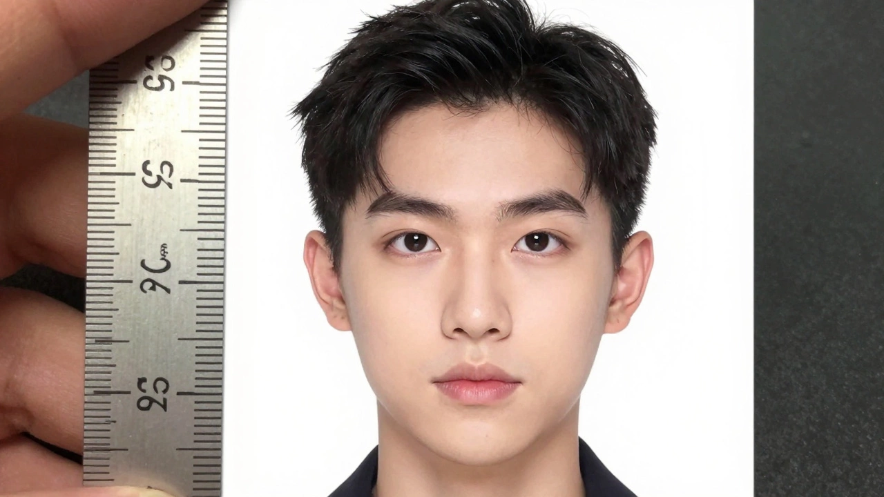 Close-up of a passport photo held to light, showing perfect white background and facial alignment.