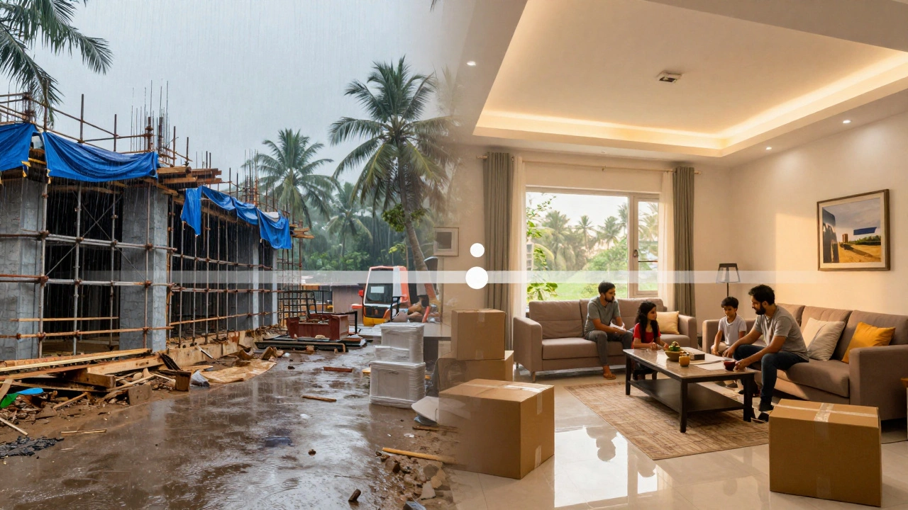 Contrasting monsoon-halted construction site and finished home with family moving in.